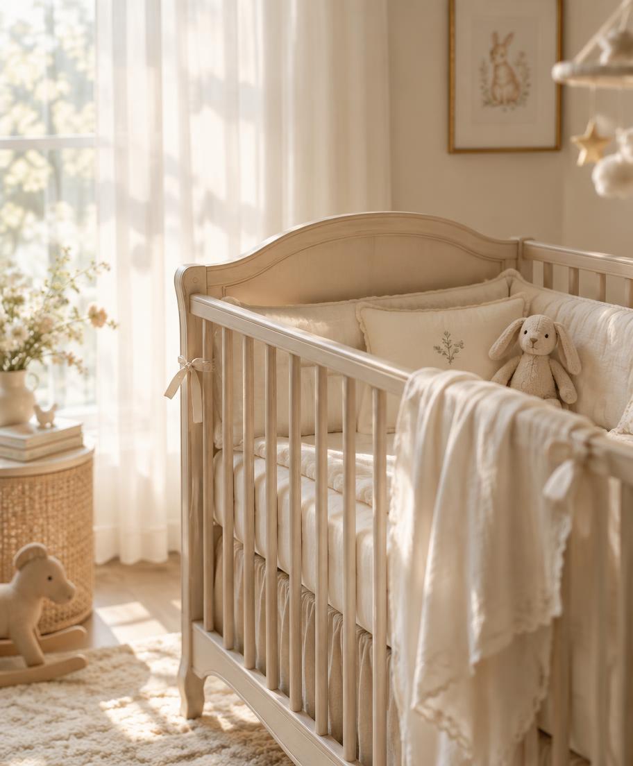Soft morning sunlight through sheer nursery curtains onto a serene crib